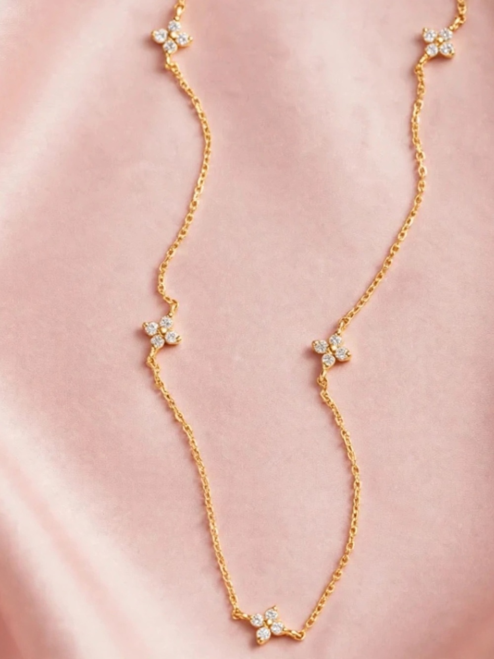Gold Flower Station Necklace — 925 Sterling Silver, 18K Gold Plated - Picture 2 of 3
